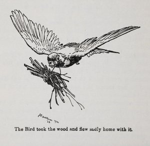 En fågel som bär en bunt kvistar. av Arthur Rackham