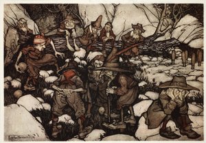 Ett sällskap av udda personer som spelar på ninepins., från Rip Van Winkle av Washington Irving, pub. 1910 av Arthur Rackham