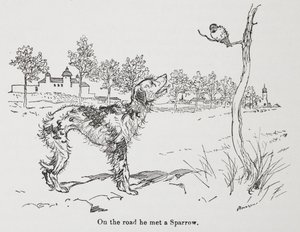 En hund och en sparv. av Arthur Rackham