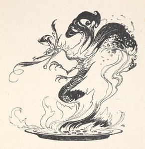 En drake som dyker upp från en tallrik med brinnande pengar av Arthur Rackham