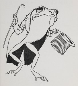 En groda med hög hatt och svansar som bär en käpp. av Arthur Rackham