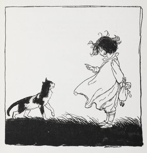 En tjej med en docka berättar för sin katt. av Arthur Rackham