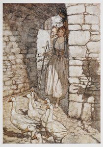 En tjej med gäss. av Arthur Rackham