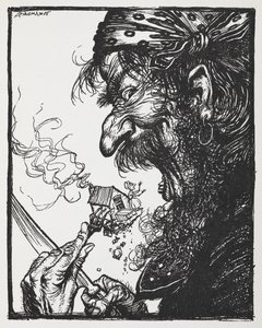 En stor man som äter en liten dam och hennes hus. av Arthur Rackham