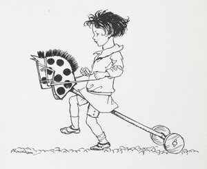 En liten flicka på en leksakshobbyhäst. av Arthur Rackham