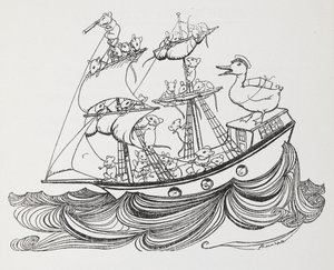 Ett fartyg bemannat av möss och befälhavare av en anka. av Arthur Rackham