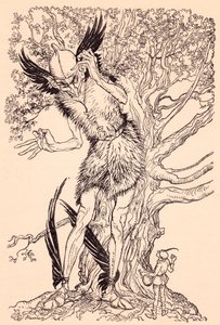 En hemsk karl hälften så stor som trädet han stod vid. Illustration av Arthur Rackham från Grimms saga, Anden i glasflaskan. av Arthur Rackham
