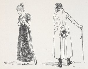 Ett ungt par bråkar, kvinnan har vänt sig bort med en näsduk mot sitt bröst av Arthur Rackham