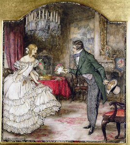 En ung man som presenterar en bukett för en flicka som står i en salong (wc med penna och bläck på papper) av Arthur Rackham