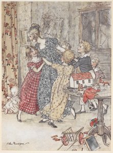 En ung kvinna och barn dansar runt ett lekrum fullt av leksaker av Arthur Rackham