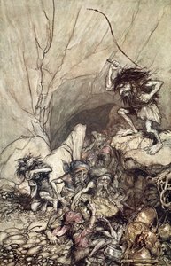 "Alberich kör i ett gäng Nibelungar med guld- och silverskatter", 1910. av Arthur Rackham