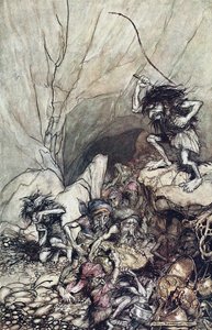 Alberich kör i ett gäng Niblungs lastade med guld- och silverskatter. Illustration för The Rhi av Arthur Rackham