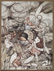 Alice i ett kök med hertiginnan, en kock och Cheshire Cat av Arthur Rackham