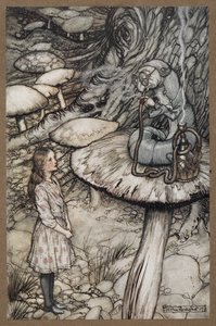 キノコの上に座ってパイプをくゆらせている毛虫に話しかけるアリス スウェーデン語 av Arthur Rackham