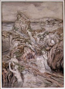 Aly, illustration från "De tre guld- äpplena" en underbok av Nathaniel Hawthorne, pub. av Hodder och Stoughton (penna och bläck, akvarell på papper) av Arthur Rackham