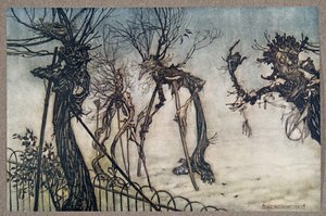 Ett fläderbär hoppade över promenaden och stod och pratade med några små barn... från Peter Pan i Kensington Gardens av J M Barrie (1860 - 1937), pub. 1906 av Arthur Rackham