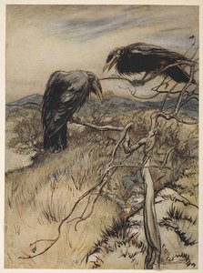 En illustration av "The Twa Corbies" av Arthur Rackham