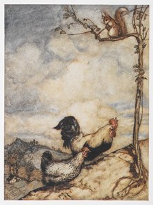 En illustration av en höna, tupp och ekorre från The Adventures of Chanticleer och Partlet. av Arthur Rackham