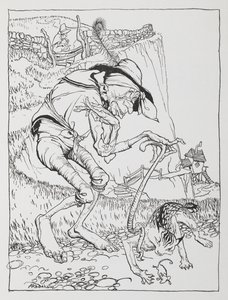 En gammal krokig man med sin krokiga katt och krokiga hus. av Arthur Rackham