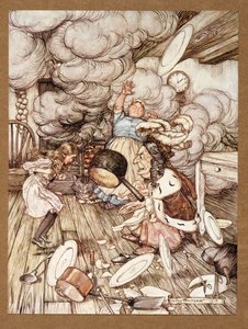 En ovanligt stor kastrull flög nära den och bar den nästan bort, från Alices Adventures in Wonderland, av Lewis Carroll, pub.1907 av Arthur Rackham