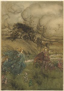 "Och nu möts de aldrig i lund eller grönt", från akt 2, scen 1 av En midsommarnattsdröm av William Shakespeare av Arthur Rackham