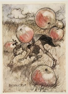 Äpplen kom tumlande om mina öron, från Gullivers resor av Jonathan Swift (1667 - 1745), pub. 1909 av Arthur Rackham