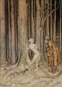 Äntligen träffade hon brudgummen som sakta kom tillbaka, illustration för Fichers Bird, från Little Brother, Little Sister, av bröderna Grimm, 1917 (wc och penna och bläck på papper) (se även 28797) av Arthur Rackham