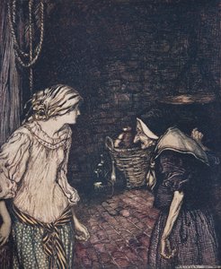 Till sist nådde hon källaren och där hittade hon en gammal, gammal kvinna med skakande huvud... från Bröderna Grimms sagor, pub. 1909 av Arthur Rackham
