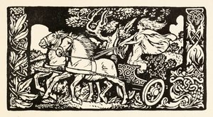 Becfola i sin vagn från The Wooing of Becfola in Irish Fairy Tales av Arthur Rackham