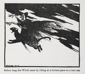Snart kom häxan genom att åka i rasande fart på en katt. av Arthur Rackham