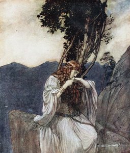 Brünnhilde kysser ringen som Siegfried har lämnat hos henne. Illustration för Siegfried and The Twi av Arthur Rackham