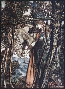 Brünnhilde leder sin häst vid tränsen. Illustration till Rhinegold och Valkyrien av Richa av Arthur Rackham