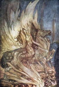 Brünnhilde på Grane hoppar upp på Siegfrieds begravningsbål. Illustration för Siegfried and The Tw av Arthur Rackham