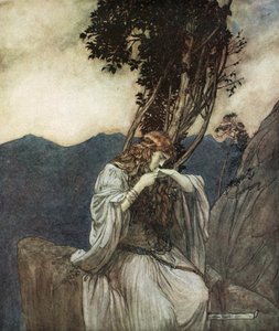 "Brunnhilde kysser ringen som Siegfried har lämnat med henne", 1924. av Arthur Rackham