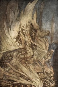 Brunnhilde på Grane hoppar vidare till Siegfrieds begravningsbål, illustration från "Siegfried and the Twilight of the Gods" av Arthur Rackham