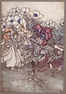 Men om du tittar, och de fruktar att det inte finns tid att gömma sig, står de helt stilla och låtsas vara blommor, från Peter Pan i Kensington Gardens av J M Barrie (1860 - 1937), pub. 1906 av Arthur Rackham