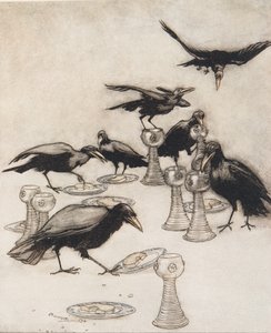 Men de sa en efter en Halloa! Vem har ätit av min tallrik? Vem har druckit ur min kopp? från Sagorna om bröderna Grimm, pub. 1909 av Arthur Rackham