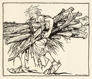 Carl bygger ett skydd för natten, från The Carl of the Drab Coat i Irish Fairy Tales av Arthur Rackham
