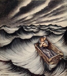 Danae klappade sitt barn hårt, illustration från "A Wonder Book for Girls and Boys" av Nathaniel Hawthorne av Arthur Rackham