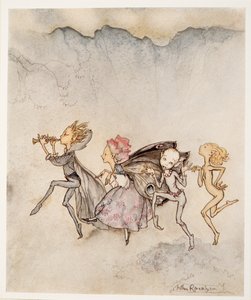 Var och en snubblar på tån och kommer att vara här med mopp och klippa, illustration från William Shakespeares The Tempest, pub. 1926 av Arthur Rackham