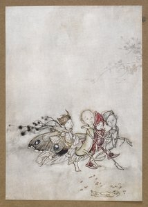 Gå in på Peaseblossom, Cobweb, Moth och Senapsfrö. En scen ur "En midsommarnattsdröm". av Arthur Rackham