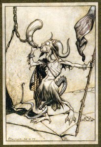 Innan hornet vid porten till Barbican Tower blåstes med en hög tjugo trumpetare kraft, 1907 av Arthur Rackham