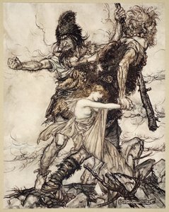 Fasolt griper plötsligt Freia och drar henne åt sidan med Fafner, illustration från 