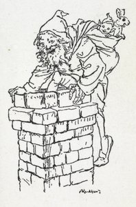 Jultomten klättrar nerför en skorsten med en säck med presenter av Arthur Rackham