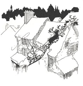 Jultomten i sin släde som flyger över snöiga hustak av Arthur Rackham