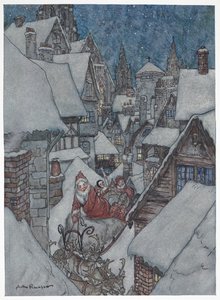 Jultomten reser genom snöiga gator på sin släde av Arthur Rackham