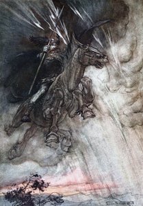 Wotan rider rasande till klippan. Illustration till Rhinegold och Valkyrien av Richard av Arthur Rackham