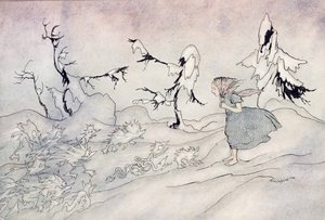 Gerda är livrädd av Snow Queens förskottsvakt, men hon sa Fader vår och räddas av små ljusa änglar, illustration från The Snow Queen av Hans Christian Andersen, publicerad 1932 (wc & i) av Arthur Rackham