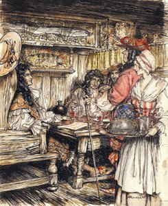 Gå och se på ett av kaffehusen på King Street i Westminster, illustration från The Compleat Angler av Isaac Walton, 1931 (penna & bläck och akvarell på papper) av Arthur Rackham