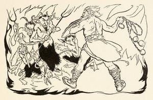 Goll mac Morna anfaller helvetet för att rädda Fionn och Fianna-finnen, från The Little Brawl at Allen i Irish Fairy Tales av Arthur Rackham